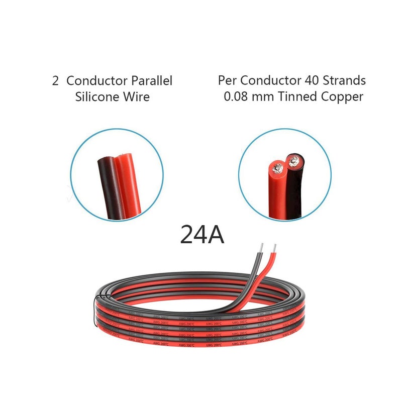 EvZ 24 Gauge Silicone Electric Wire, EvZ 33ft 24AWG Flexible 2 Conductor Parallel Cable, 2pin Red Black, High Temperature Resistant, Single Color LED Strip Extension - Image 2